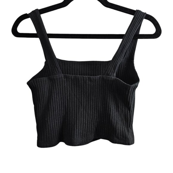 American Eagle Ribbed Knit Square Neck Stretch Strap Cropped Black Tank Top - Picture 7 of 9